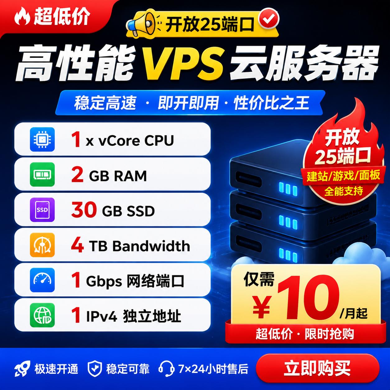 美国云主机VPS｜1核2G内存 30G SSD固态 4TB流量 SMTP邮件25端口 美国多机房可选 稳定推荐